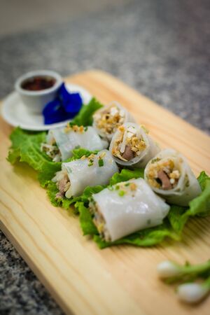 Asia noodle style on chopping block closeupの写真素材
