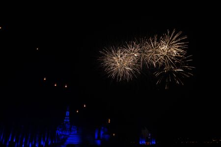 Beautiful of firework festival from Sukhothai history parkの写真素材