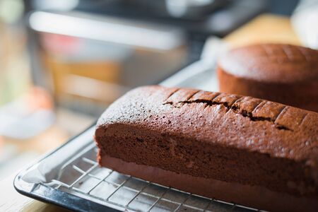 Closeup of chocolate cake in bakery shopの写真素材