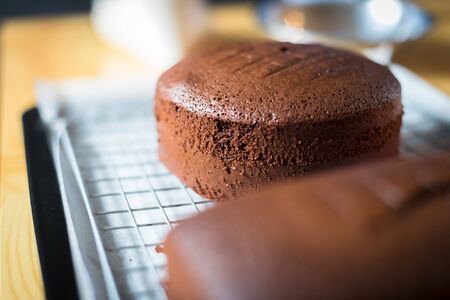 Closeup of chocolate cake in bakery shopの写真素材