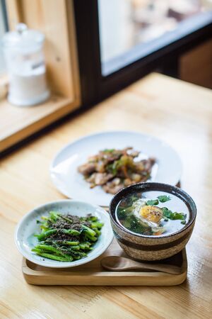 Closeup of Japanese food style, soup and vegetable mixed
