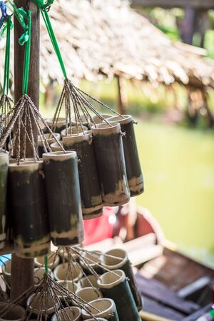 Closeup of bamboo cup in the marketの写真素材