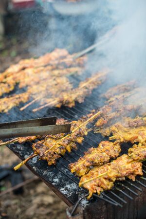 chef's hands with grilled chicken skewersの写真素材