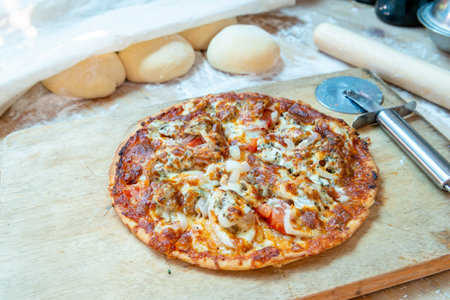 Closeup of pizza homemade style with doughの写真素材
