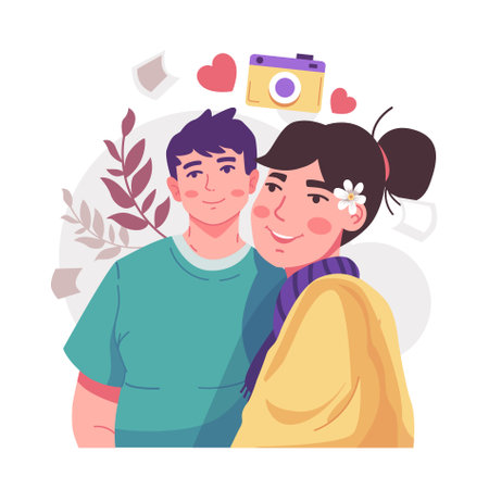 A romantic boyfriend is taking a selfie with his darling girlfriend with great passion. Happy young couple portrait. Valentine's Day and Happy Anniversary concept.のイラスト素材