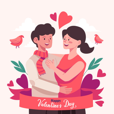 Romantic design of young lovers hugging each other. Happy anniversary concept.のイラスト素材