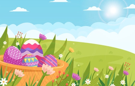 Happy Easter background with decorated eggs. Traditional colored Easter eggs with colorful flowers, green meadow and sky background.のイラスト素材