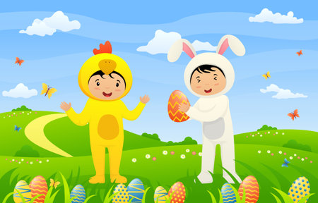 Happy Easter greeting card. Cute kids are wearing Easter costumes with decorative eggs and nature background.のイラスト素材
