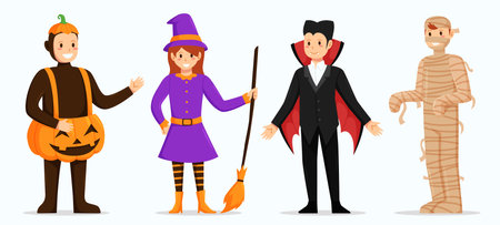 Halloween character vector set with pumpkin, witch, vampire and bandage costumes. Kids cartoon wearing Halloween costumes.のイラスト素材