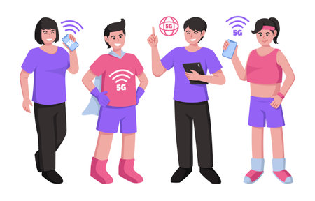 Cartoon characters using mobile wireless technology for faster connectivity with smartphones and tablet vector illustration. 5G wireless network technology concept.のイラスト素材
