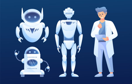Set of cute robots and cartoon design vector. AI technology and cyber characters. Futuristic technology service and communication artificial intelligence concept.のイラスト素材