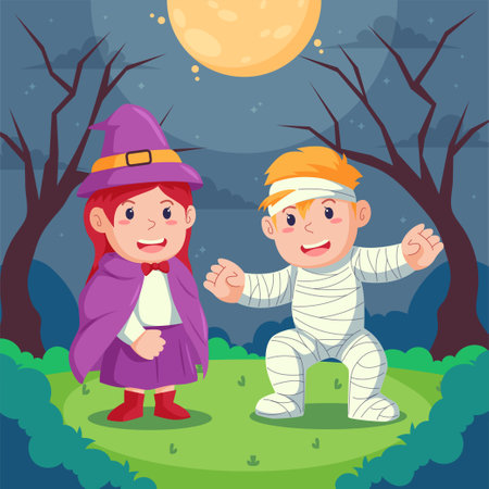 Happy Halloween background design vector with kids in witch and bandage costumes. Treat or trick fantasy fun party holiday celebration.のイラスト素材