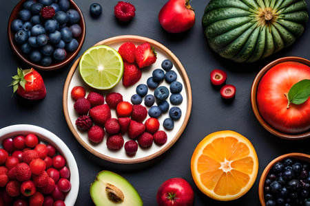 Fruit background of various types laid out on flat surface made with Generative AIの素材