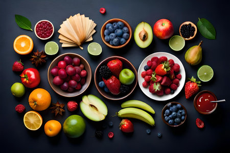 Fruit background of various types laid out on flat surface made with Generative AIの素材