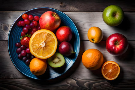 Fruit background of various types laid out on flat surface made with Generative AIの素材