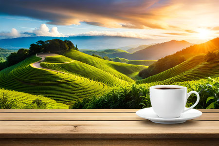 Coffee cup on wooden surface with green plantation background made with Generative AIの素材