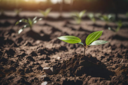 Planting tree with fertile soil. Green world and Earth Day concept background made with Generative AI.の素材