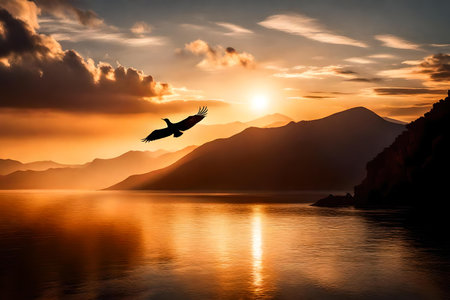 Silhouette of a bird flying over the sunset sky background made with Generative AI.の素材