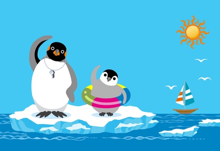 Penguin Father and child , warming up exercises in summer seaのイラスト素材