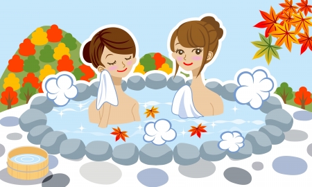 Two women enjoy japanese hot spring in autumn のイラスト素材