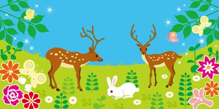 Cute Animals in spring fieldのイラスト素材