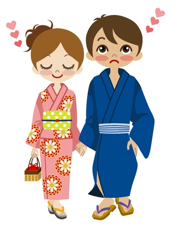 yukata couple walkingのイラスト素材