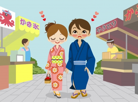 Yukata couple in Japanese  summer festival のイラスト素材