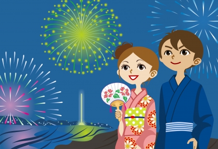 Yukata couple Looking up fireworks のイラスト素材