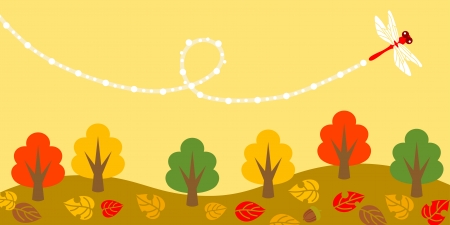 Red dragonfly is flying over tree-lined のイラスト素材