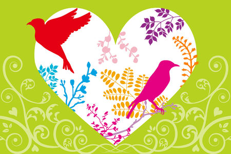 Spring heart,birds and plantsのイラスト素材
