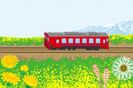 Red train in spring natureのイラスト素材