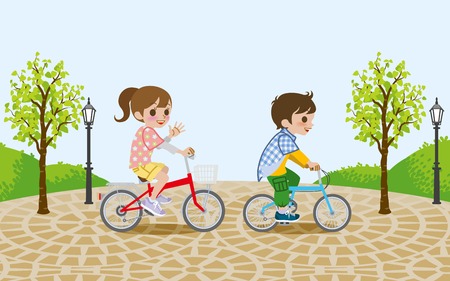 Two kids riding Bicycle, in the parkのイラスト素材