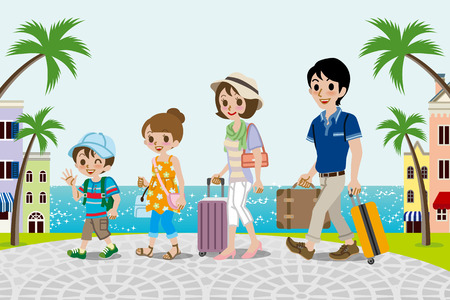 Traveling family in Seaside town のイラスト素材