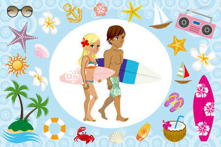 Surfer couple and sea iconのイラスト素材