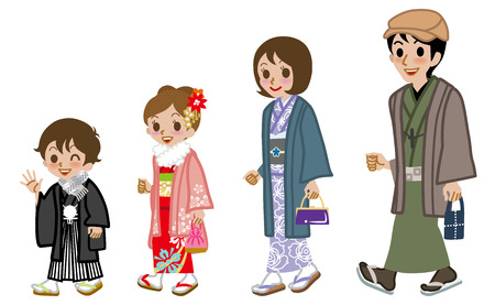 Kimono family walking,side viewのイラスト素材