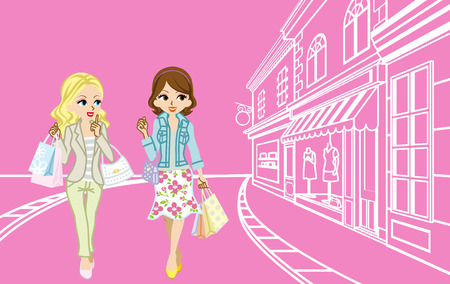 Two girls Shopping in the small townのイラスト素材