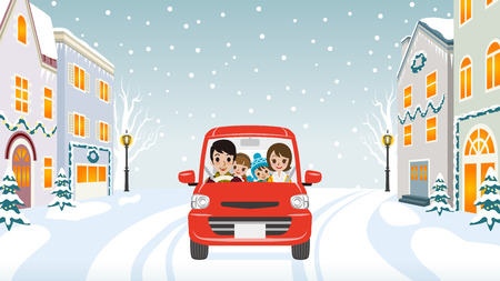 Driving Family Winter townのイラスト素材