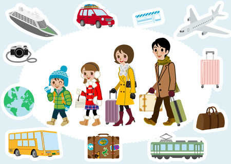 Winter Family traveler and transportation setのイラスト素材