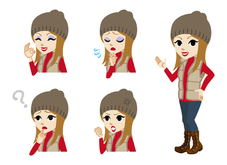 Winter casual fashioned girl full length and Facial expression setのイラスト素材