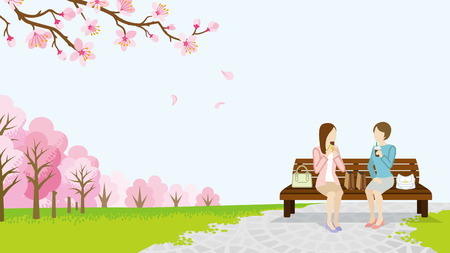 Two women lunch in the spring parkのイラスト素材