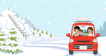 Car Driving in Winter nature, Young Family  - Front viewのイラスト素材