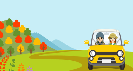 Car Driving in Autumn nature, Young Couple  - Front viewのイラスト素材