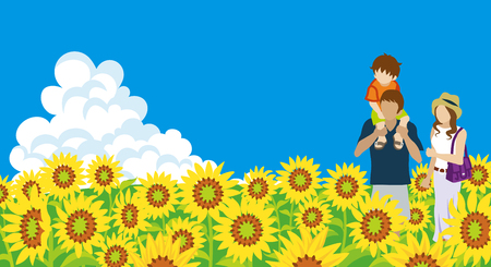 Young Family in the Sunflower fieldのイラスト素材