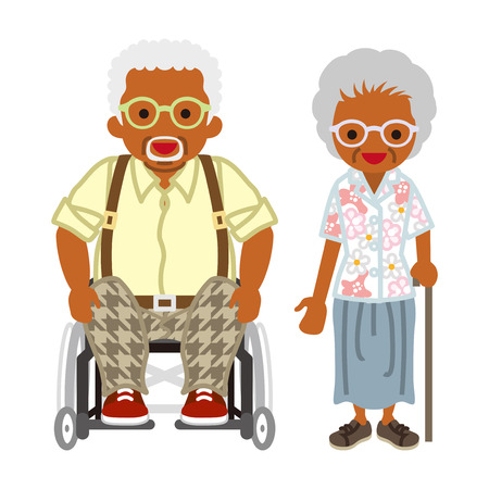 Senior couple -african,Wheelchair grandpa worn Eyeglassesのイラスト素材