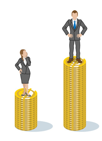 Two employees standing on the piled coins - gender wage gap issue clip artのイラスト素材