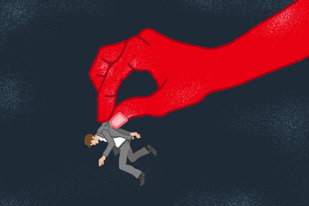 Businessman who is pinched by the huge hand - Power Harassment concept artのイラスト素材