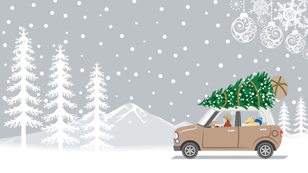Mother and Son riding the car which loaded the Christmas tree - Winter nature and ornament backgroundのイラスト素材