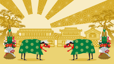 Two shishimai in the Japanese old fashioned town- Shishimai is Japanese traditional culture. People dance who wearing the costume which symbolizes the lion for the new year's luck.のイラスト素材