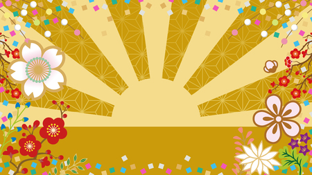 Sunrise and floral decoration frame - Japanese traditional style backgroundのイラスト素材