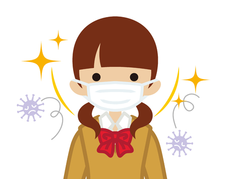 Female student wearing a mask for prevent flu virus - front viewのイラスト素材